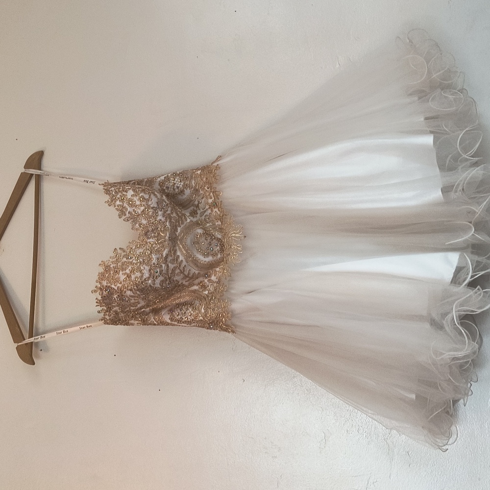Star Box Quinceniera Wedding Elegant Gold Cream Studded Tule Mini Dress Princess